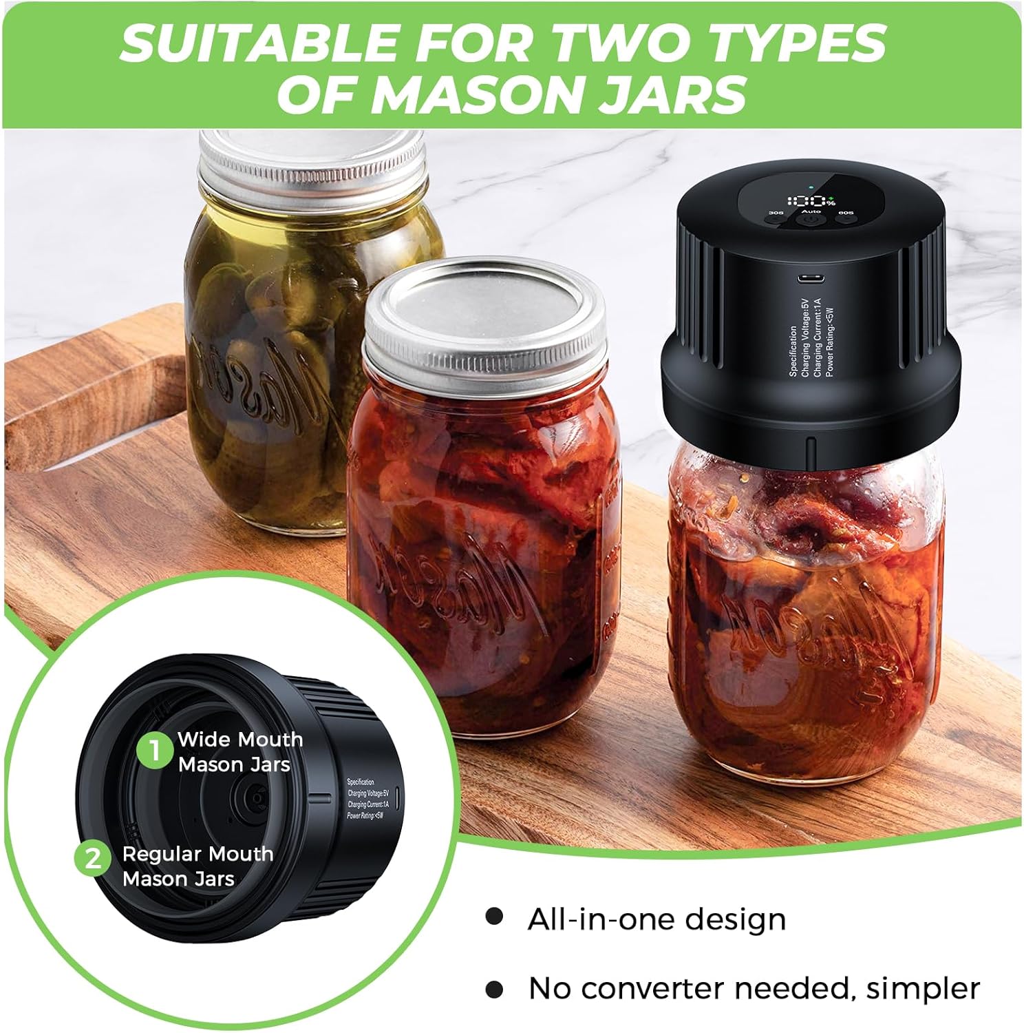 YANOY Electric Mason Jar Vacuum Sealer Kit - 2024 Smart Upgrade Black