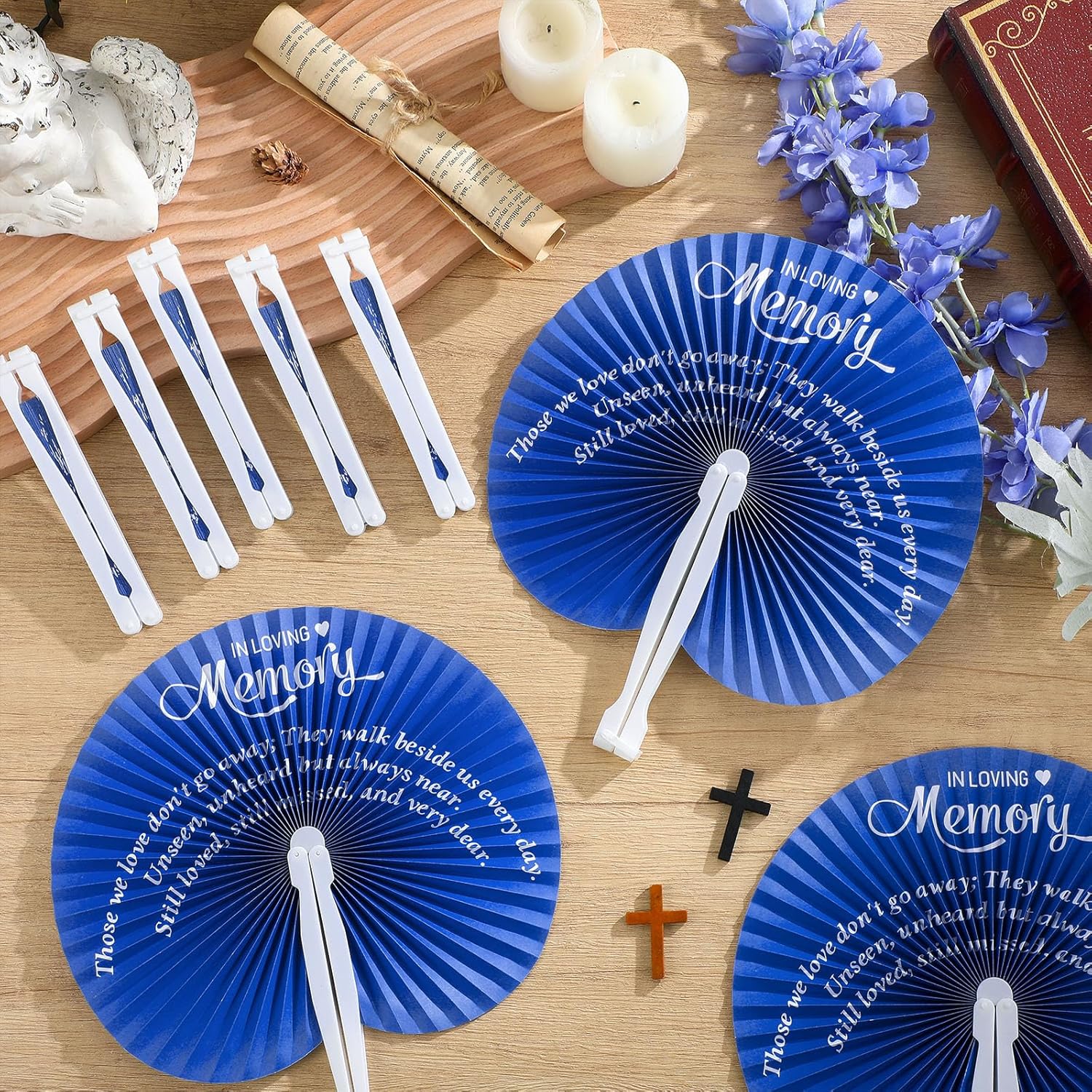 Roowest 25 Pcs Blue Memorial Folding Fans for Funerals