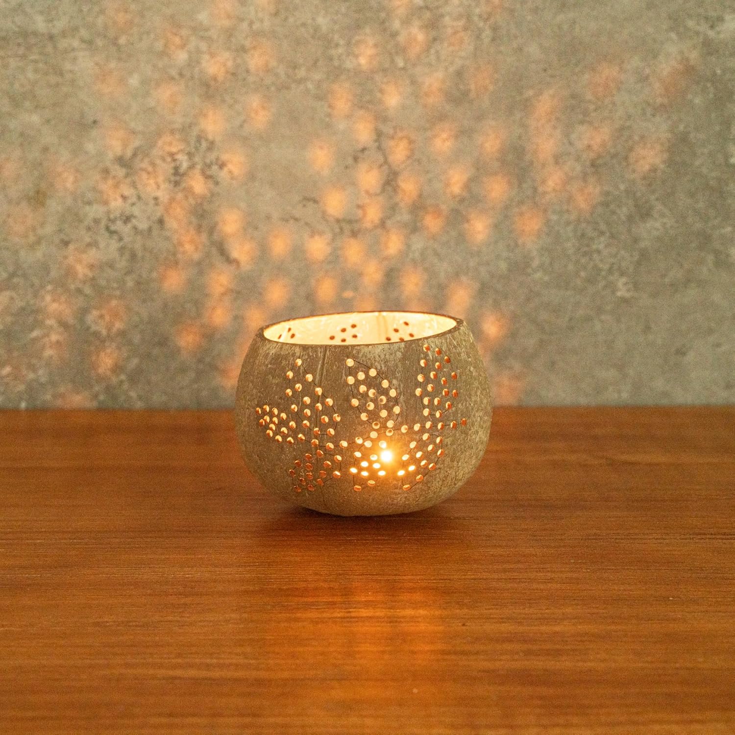 Restaurantware Coco Casa Coconut Shell Candle Holders Leaf Pattern Reusable 4x33 Inch