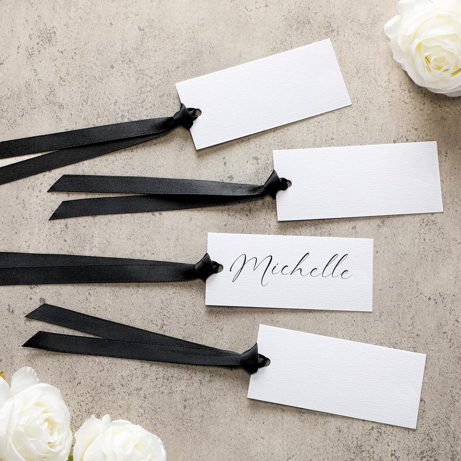 50 Pcs Black Place Cards with Satin Ribbons for Wedding Banquet