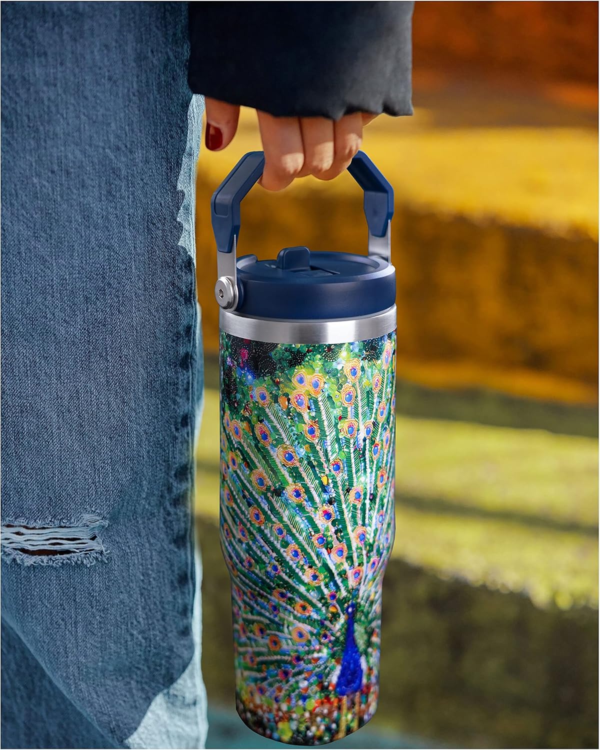 30oz Peacock Tumbler with Handle and Straw