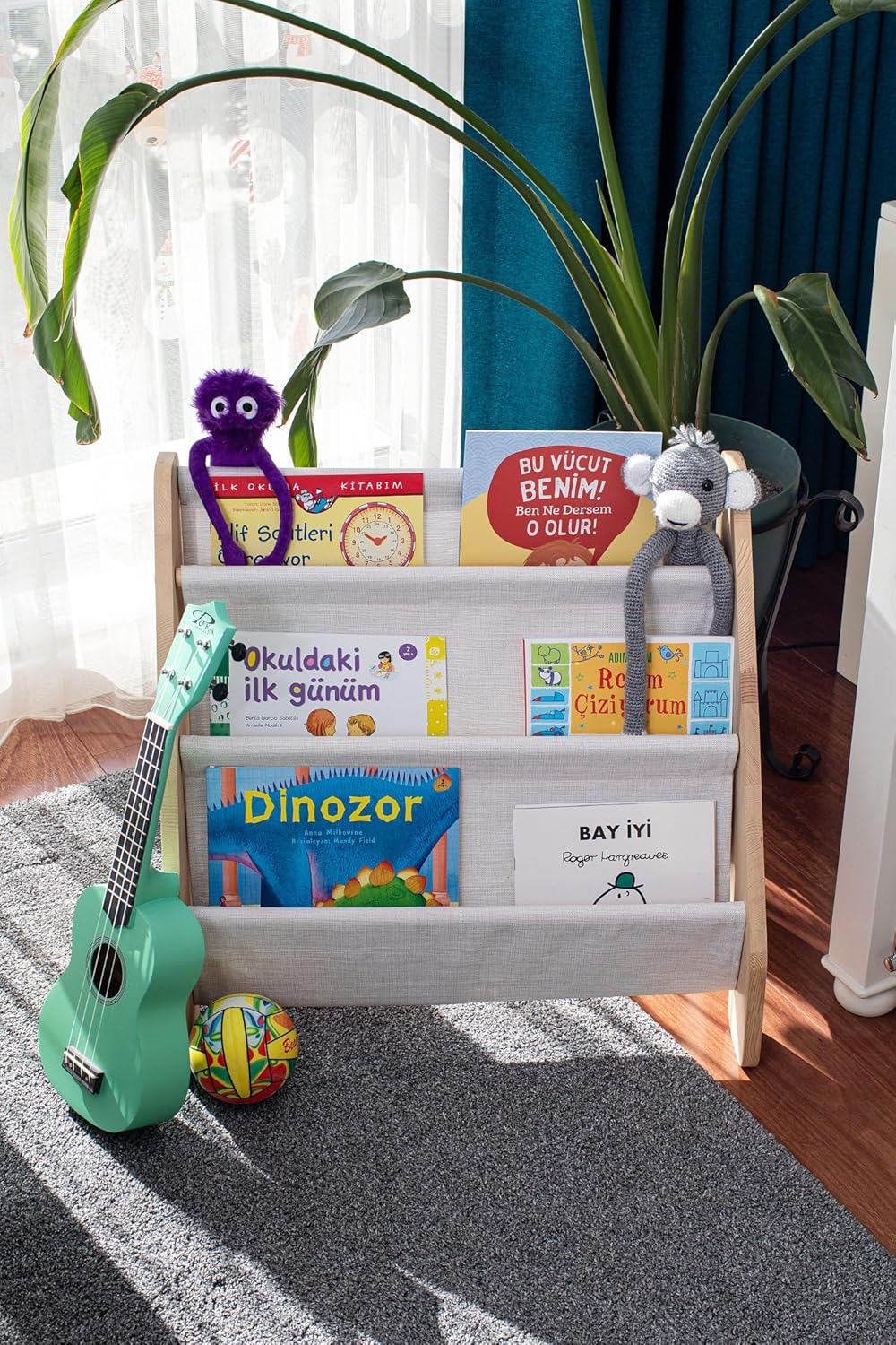 Montessori Bookshelf with Linen Fabric Hanger - 4 Tier Kids Storage Unit