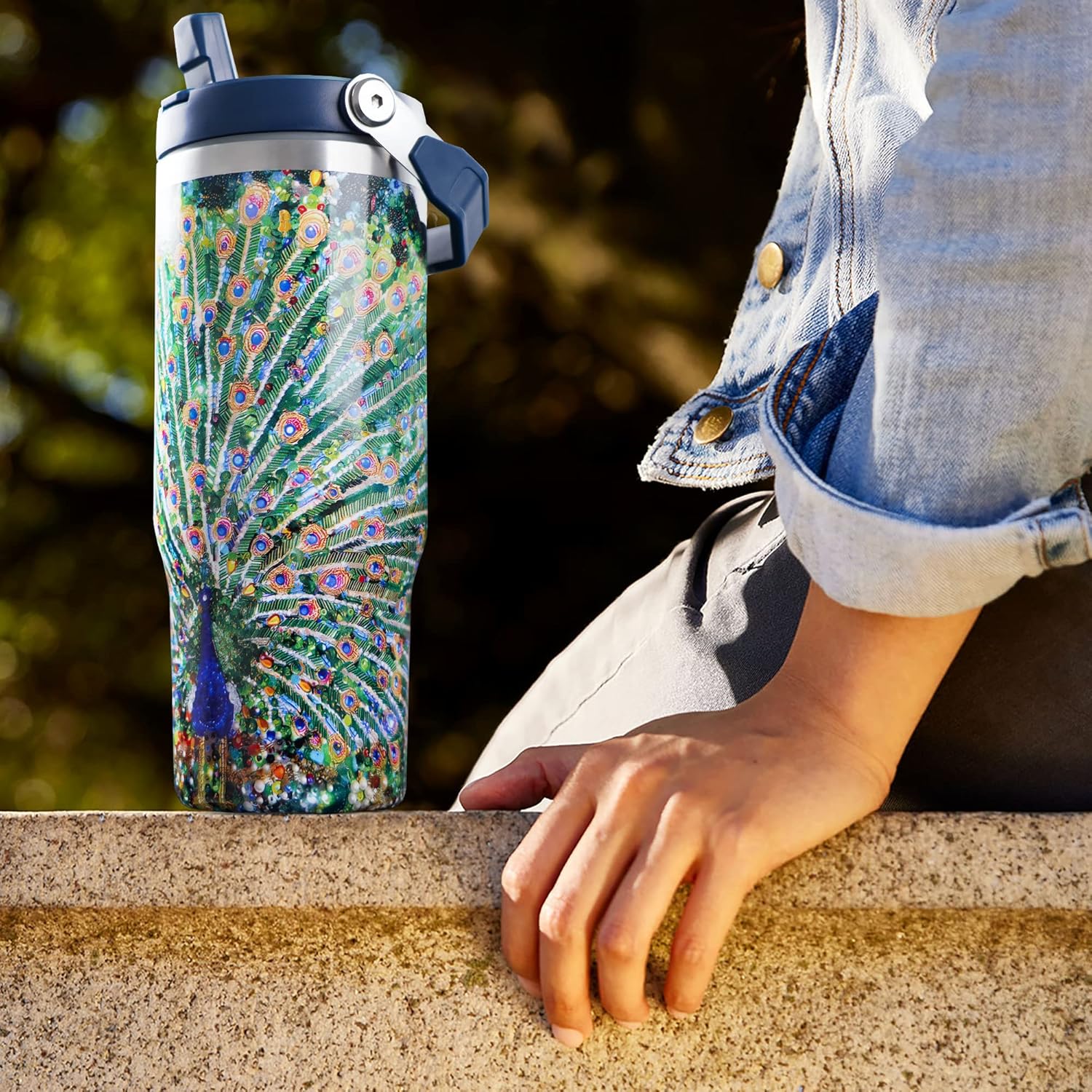 30oz Peacock Tumbler with Handle and Straw