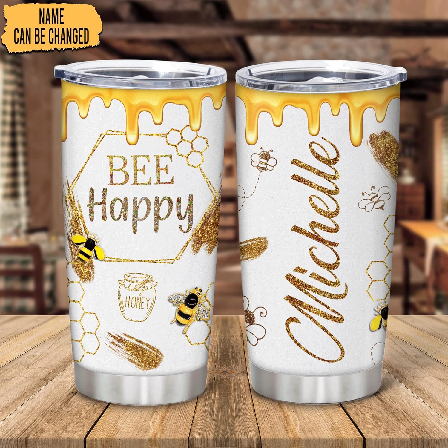 Bee Happy Custom Name Stainless Steel Tumbler 20oz With Lid