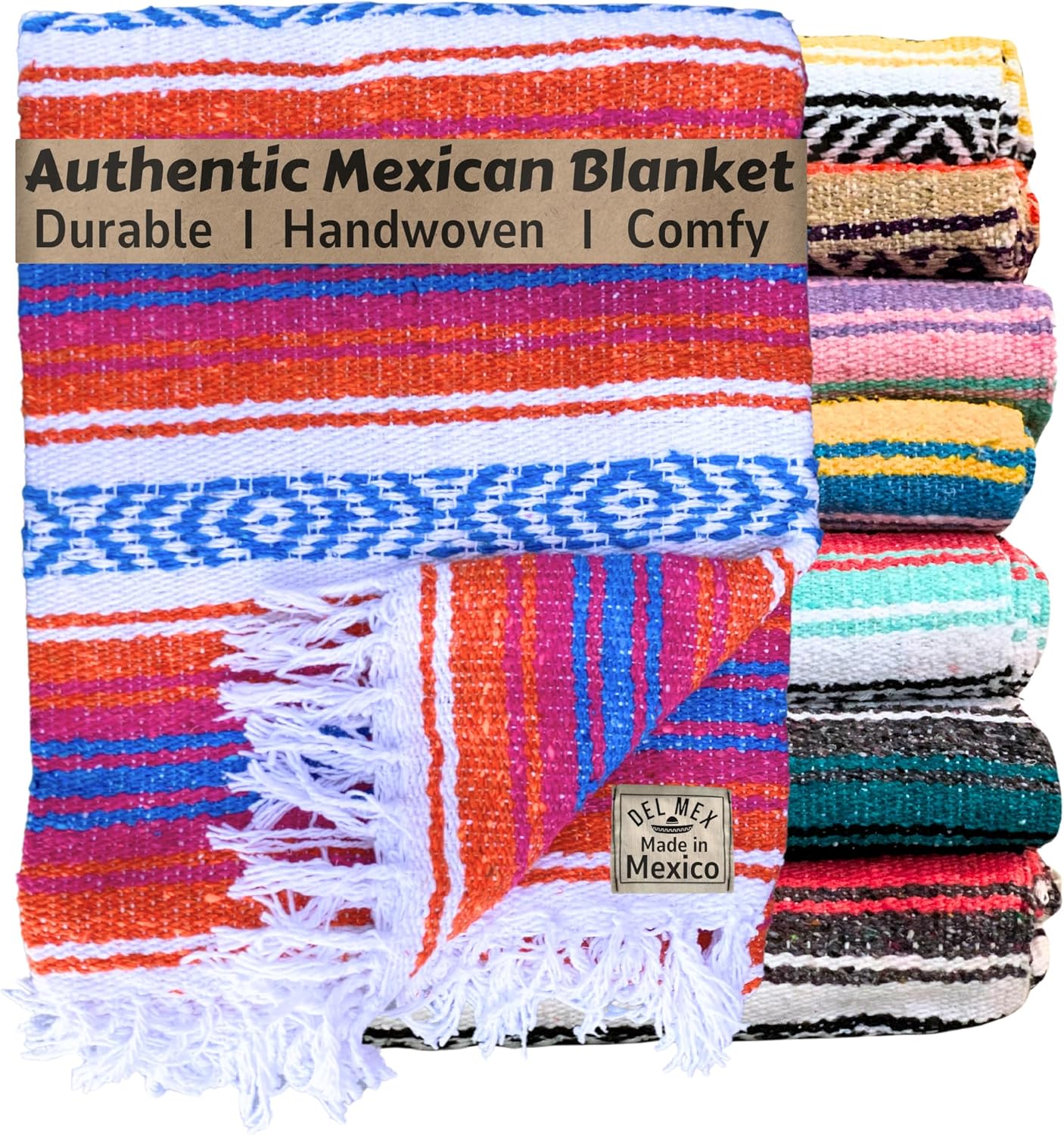 Del Mex Classic Mexican Blanket 70x50 Orange Pink Blue