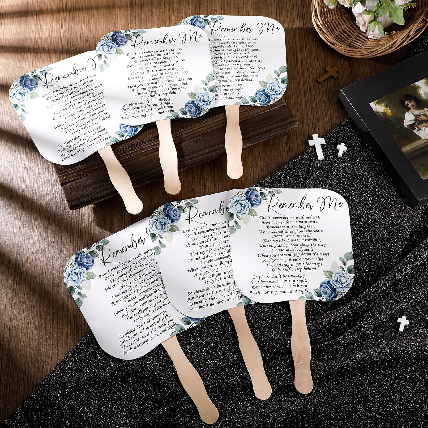Teling 50 Pcs Blue Rose Memorial Fans with Wooden Handles