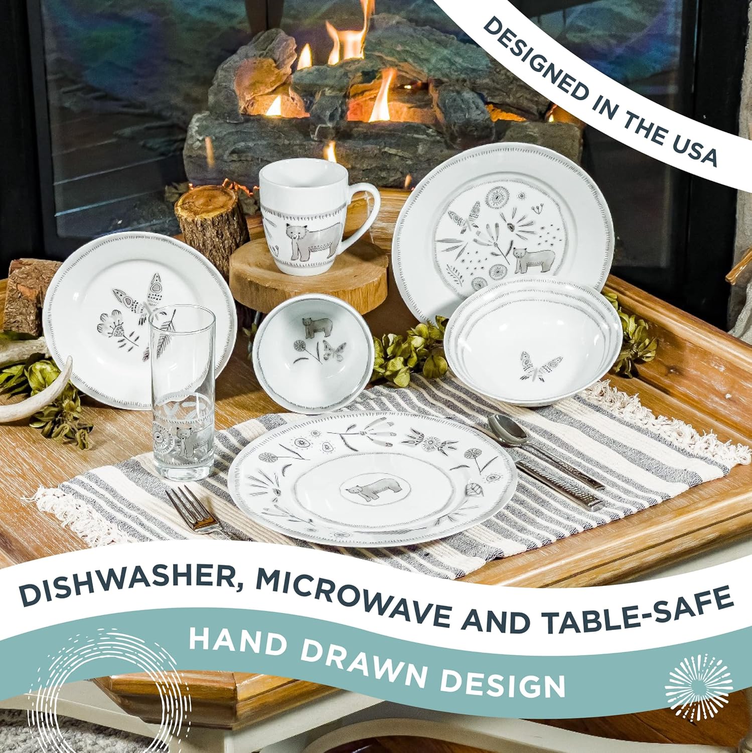 Everything Kitchens 16-Piece Dinnerware Set with Mugs Bear With Me