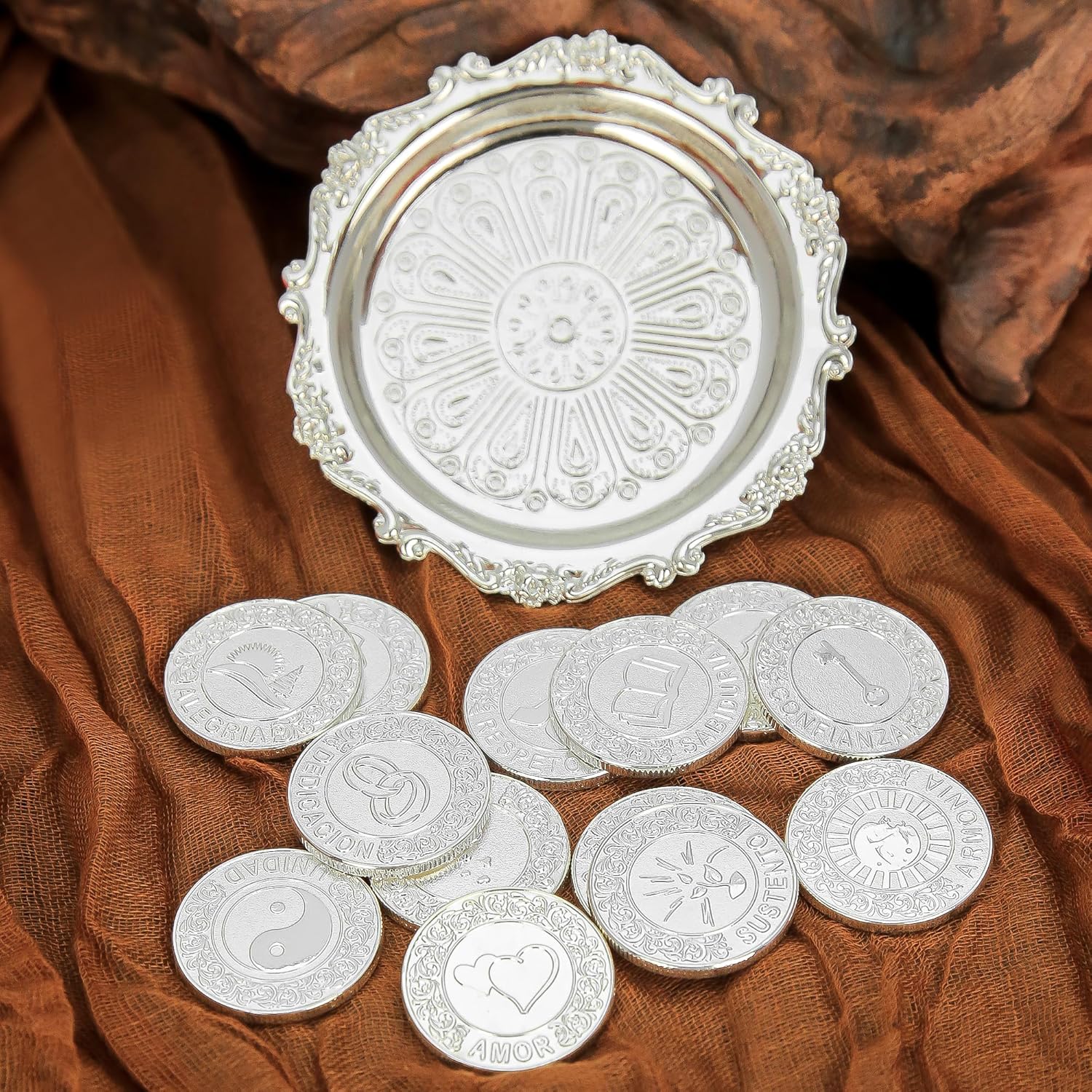 TINGKU Silver Spanish Wedding Ceremony Coins Set with Tray